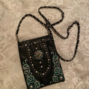Embroidered Black and Turquoise Crossbody Bag